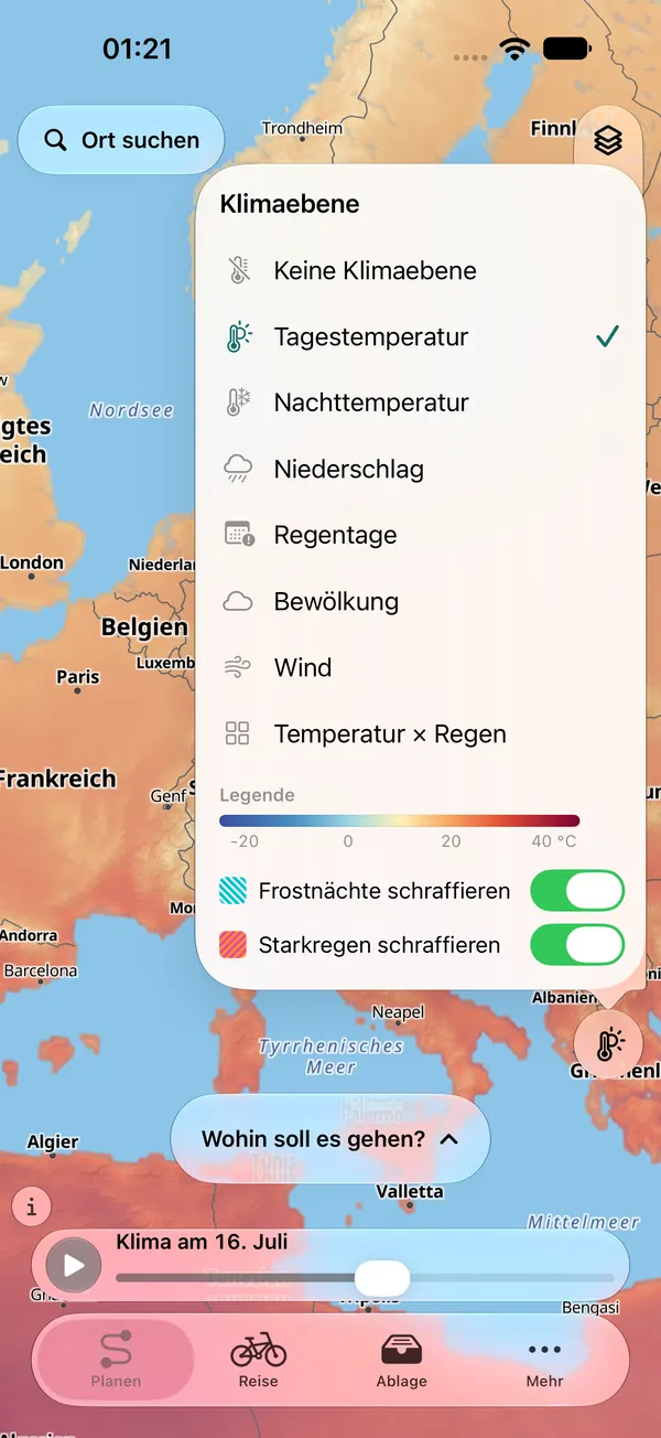 Karte von Europa mit der Klimaebene Tagestemperatur und der geöffneten Auswahl: Tagestemperatur, Nachttemperatur, Niederschlag, Regentage, Bewölkung, Wind sowie Temperatur × Regen