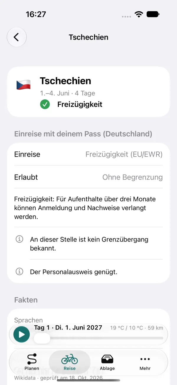 Länderseite Tschechien: Einreise mit deutschem Pass, Freizügigkeit, Aufenthalt ohne Begrenzung, Hinweis, dass der Personalausweis genügt