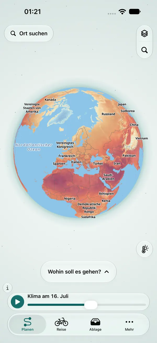 Pedalglobe auf dem iPhone: Globus mit der Klimaebene Tagestemperatur am 16. Juli, Europa und Afrika warm eingefärbt