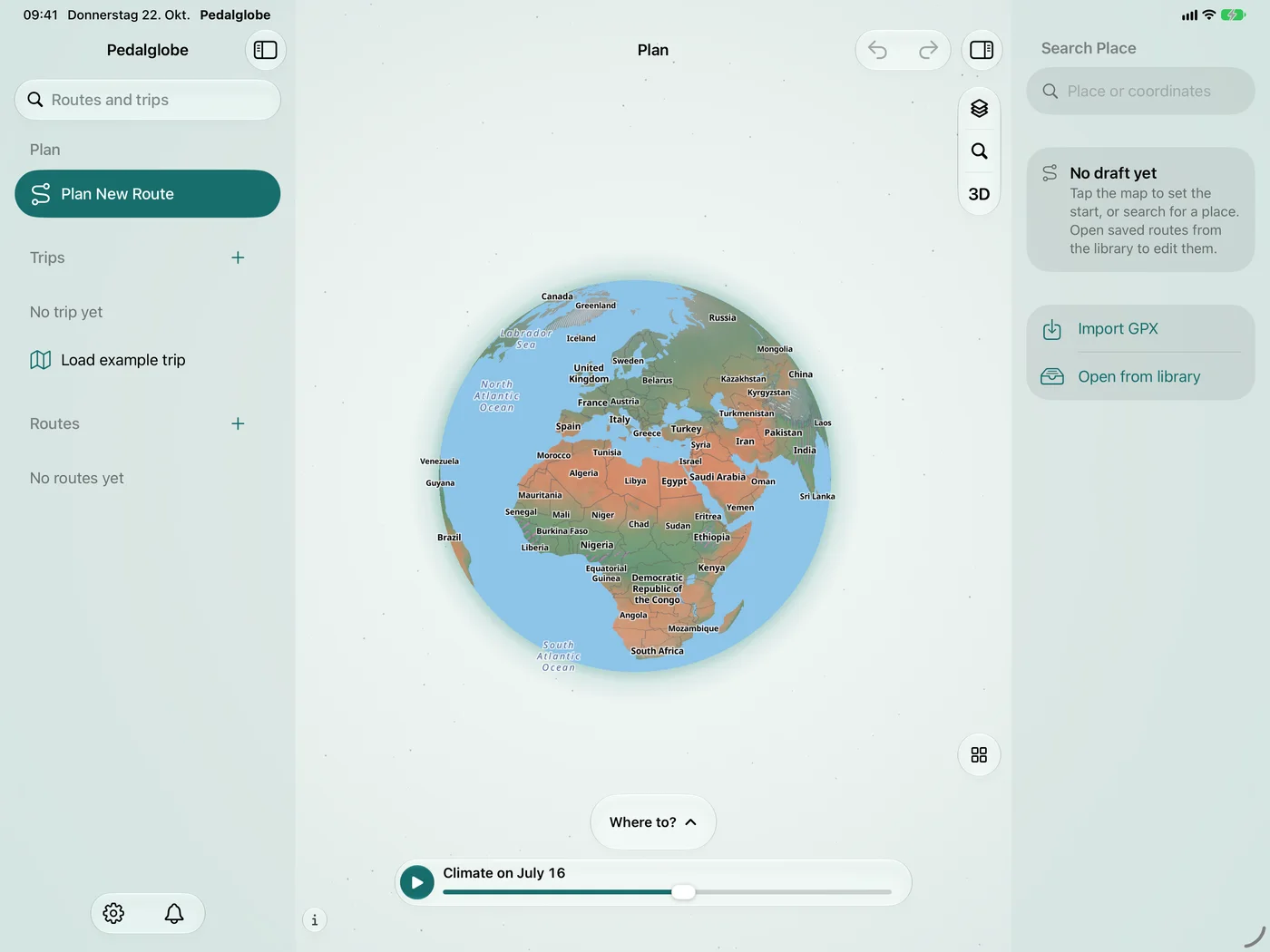 Pedalglobe su iPad in orizzontale: a sinistra la barra laterale con Pianifica, Viaggi e Percorsi, al centro il globo con il livello clima al 16 luglio, a destra la ricerca luoghi
