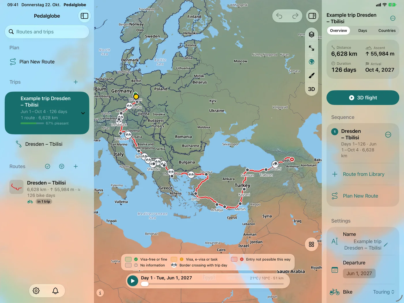 Lo stesso viaggio su iPad: barra laterale, mappa con il percorso e panoramica con 6.628 km, 126 giorni e il pulsante Volo 3D