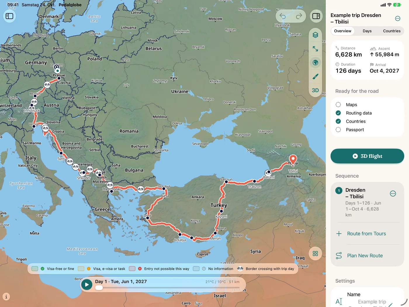 Le même voyage sur iPad : barre latérale, carte avec l’itinéraire et vue d’ensemble avec 6 628 km, 126 jours et le bouton Vol 3D