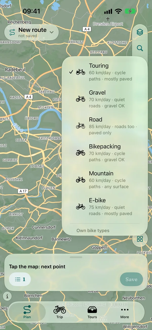 Routing options: bike profiles touring, gravel, road, bikepacking, mountain bike and e-bike with pace and preferred ways