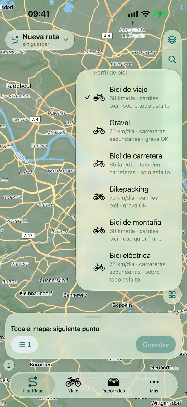 Opciones de ruta: perfiles de bici de viaje, gravel, carretera, bikepacking, montaña y eléctrica, con ritmo y vías preferidas