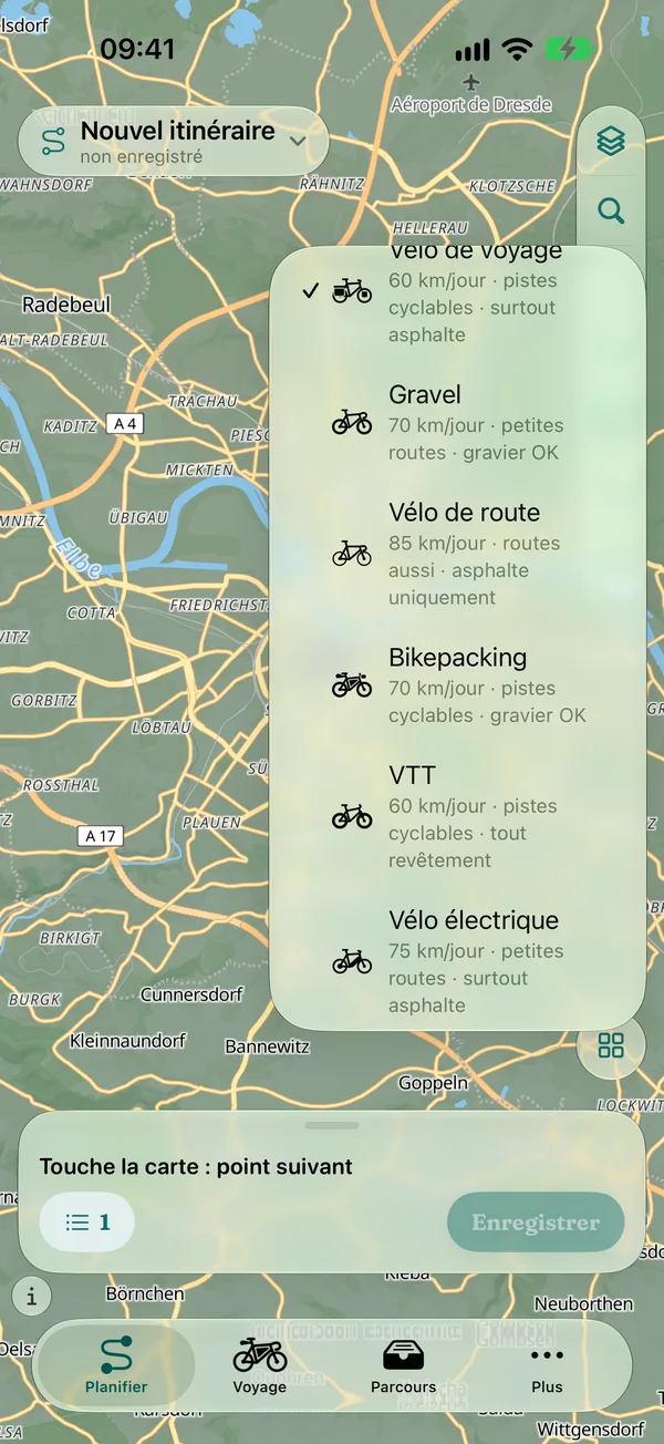 Options d’itinéraire : profils vélo voyage, gravel, route, bikepacking, VTT et vélo électrique avec allure et chemins préférés