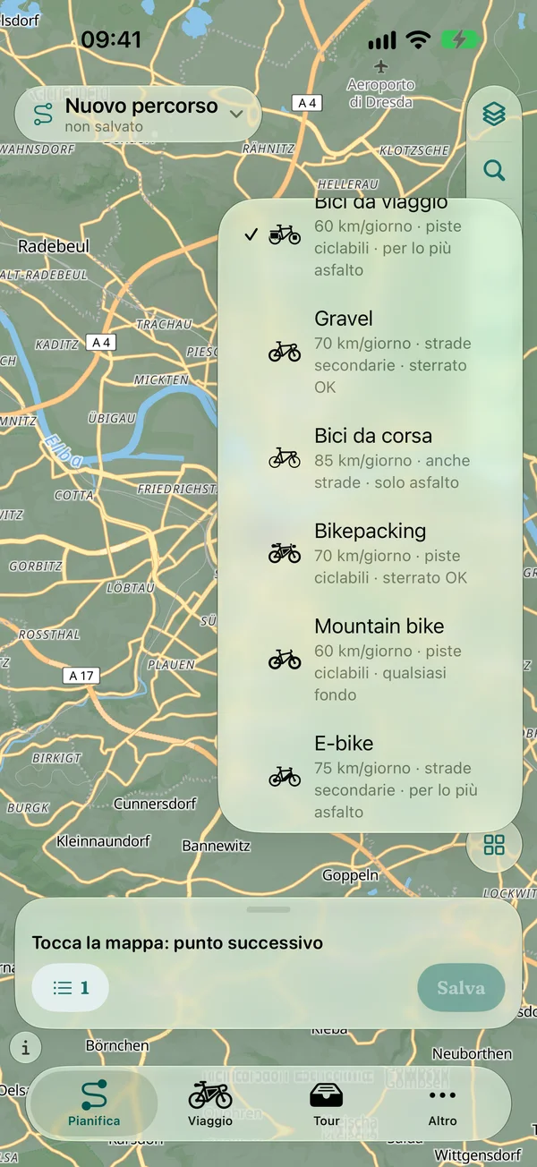 Opzioni di percorso: profili bici da viaggio, gravel, corsa, bikepacking, mountain bike ed e-bike con andatura e strade preferite