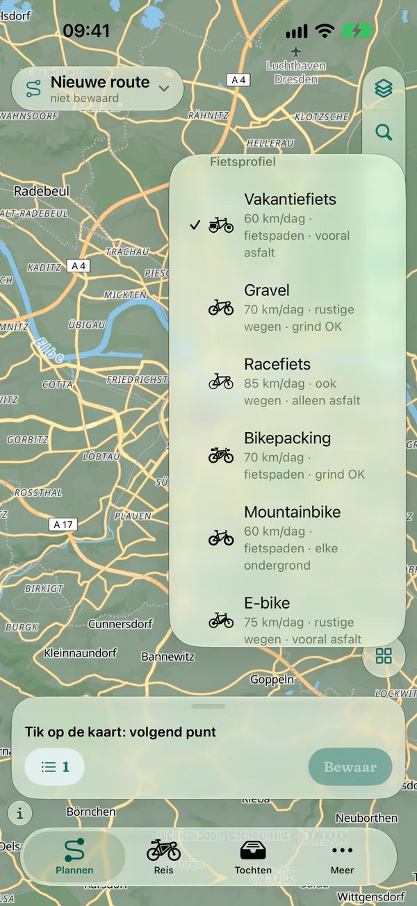 Routeringsopties: fietsprofielen vakantiefiets, gravel, racefiets, bikepacking, mountainbike en e-bike met tempo en voorkeurswegen