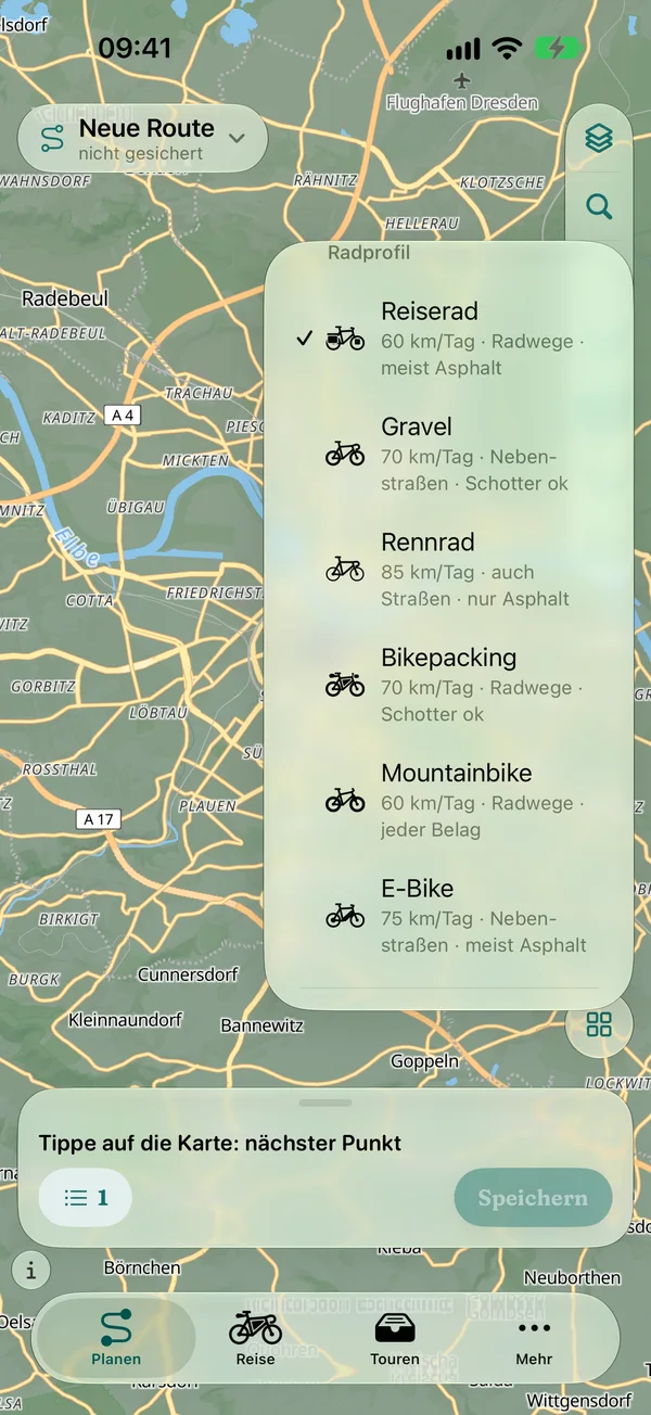 Routing-Optionen: Radprofile Reiserad, Gravel, Rennrad, Bikepacking, Mountainbike und E-Bike mit Tempo und bevorzugten Wegen