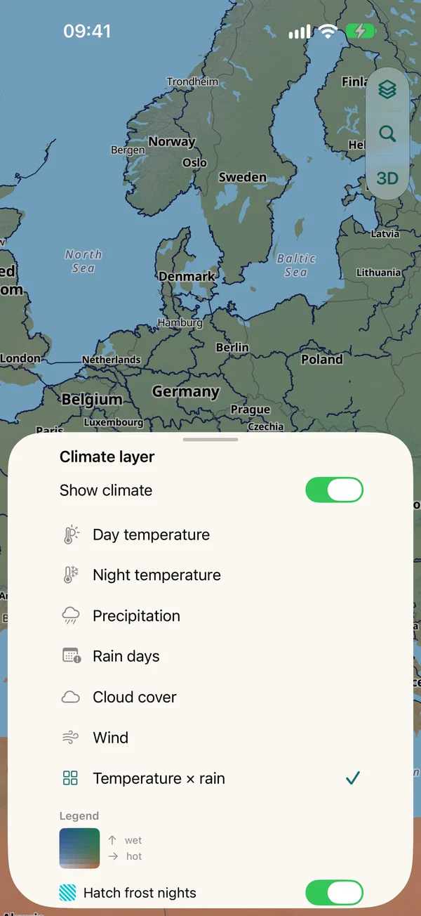 Climate layer sheet: day and night temperature, precipitation, rain days, cloud cover, wind, temperature × rain, legend and a switch for hatched frost nights