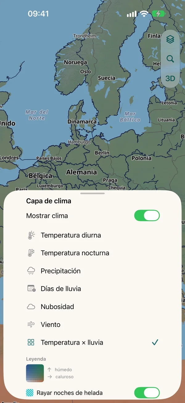 Hoja de la capa de clima: temperatura de día y de noche, precipitación, días de lluvia, nubosidad, viento, temperatura × lluvia, leyenda e interruptor para rayar las noches de helada