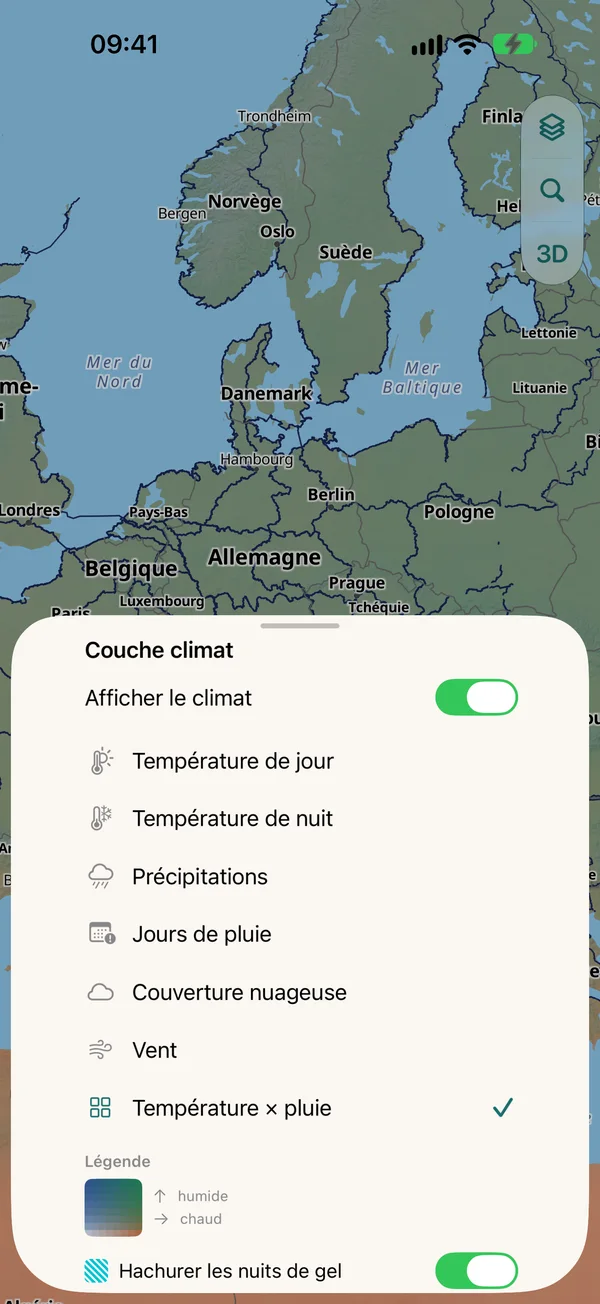 Feuille couche climat : températures de jour et de nuit, précipitations, jours de pluie, couverture nuageuse, vent, température × pluie, légende et interrupteur pour hachurer les nuits de gel