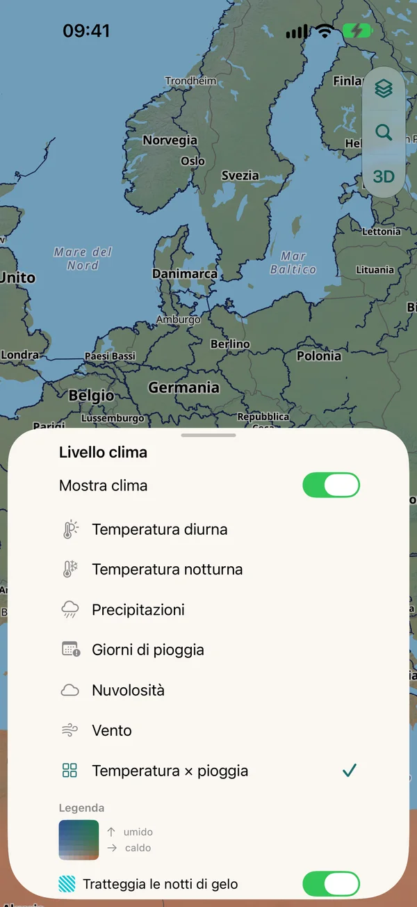 Foglio livello clima: temperatura diurna e notturna, precipitazioni, giorni di pioggia, nuvolosità, vento, temperatura × pioggia, legenda e interruttore per tratteggiare le notti di gelo