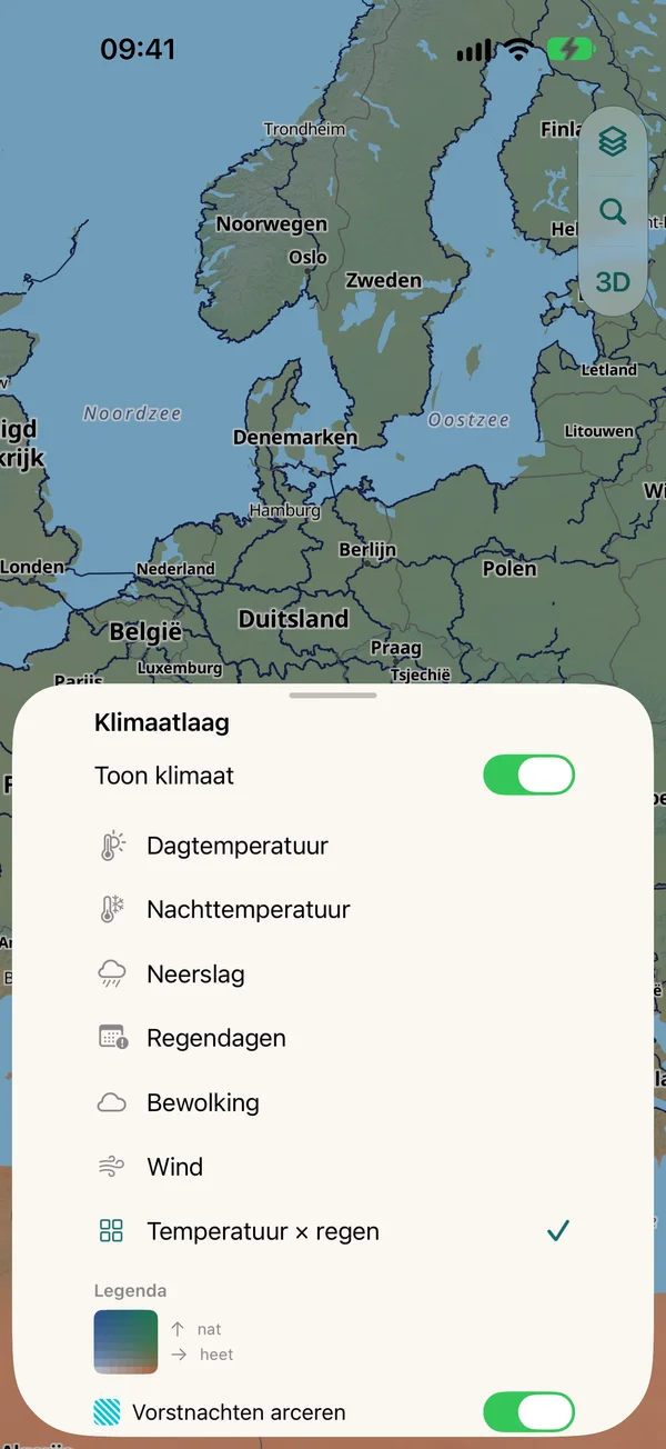 Klimaatlaag-blad: dag- en nachttemperatuur, neerslag, regendagen, bewolking, wind, temperatuur × regen, legenda en schakelaar om vorstnachten te arceren
