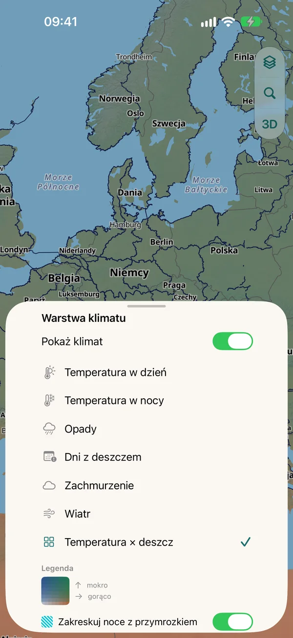 Arkusz warstwy klimatu: temperatura w dzień i w nocy, opady, dni z deszczem, zachmurzenie, wiatr, temperatura × deszcz, legenda i przełącznik kreskowania nocy z przymrozkiem