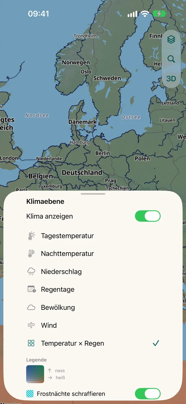 Blatt Klimaebene: Tages- und Nachttemperatur, Niederschlag, Regentage, Bewölkung, Wind, Temperatur × Regen, Legende und Schalter für schraffierte Frostnächte
