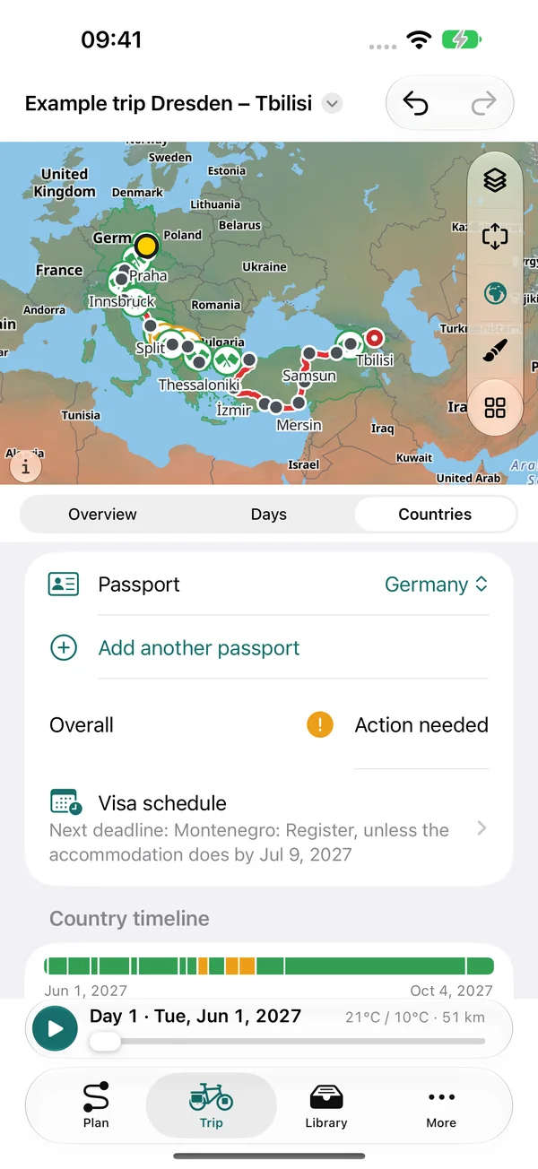 Paesi del viaggio di esempio Dresda – Tbilisi con passaporto tedesco e la possibilità di aggiungere altri passaporti: valutazione complessiva, piano dei visti con la prossima scadenza per il Montenegro e la linea temporale dei paesi dal 1° giugno al 4 ottobre 2027