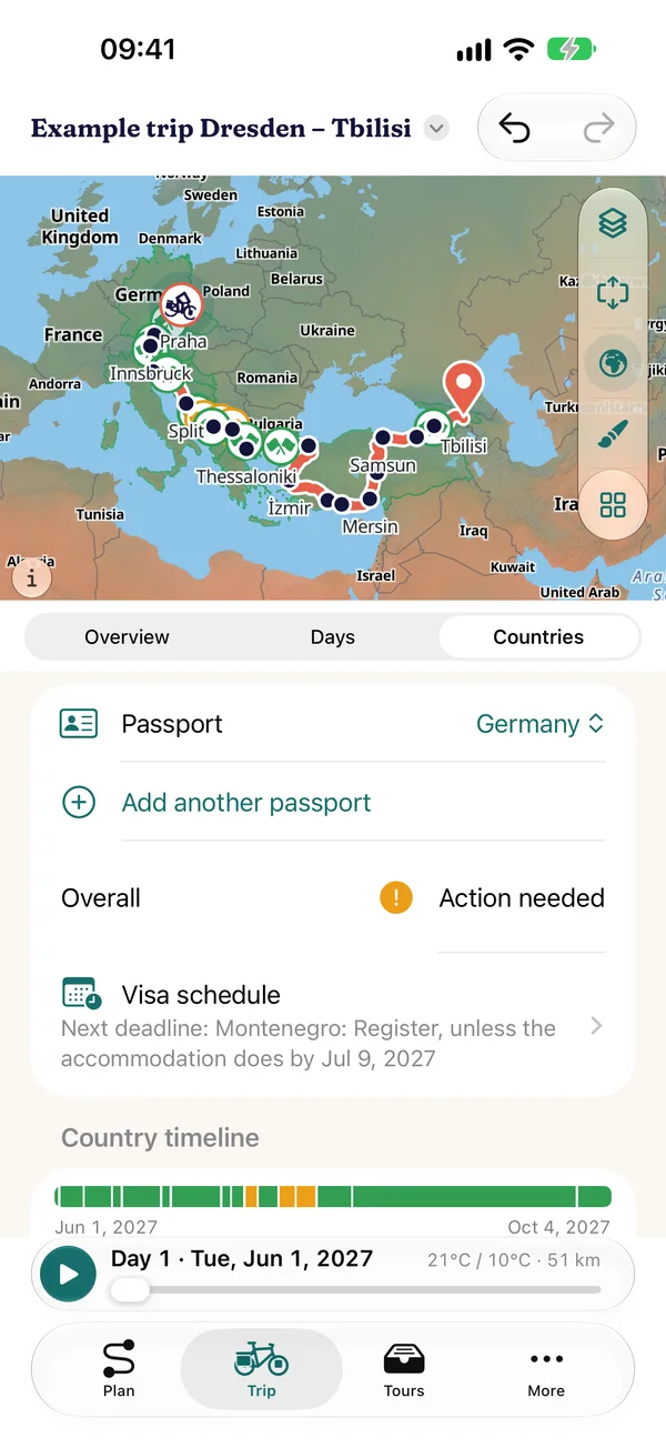 Trip › Countries with German passport, overall rating, visa schedule with next deadline and country timeline