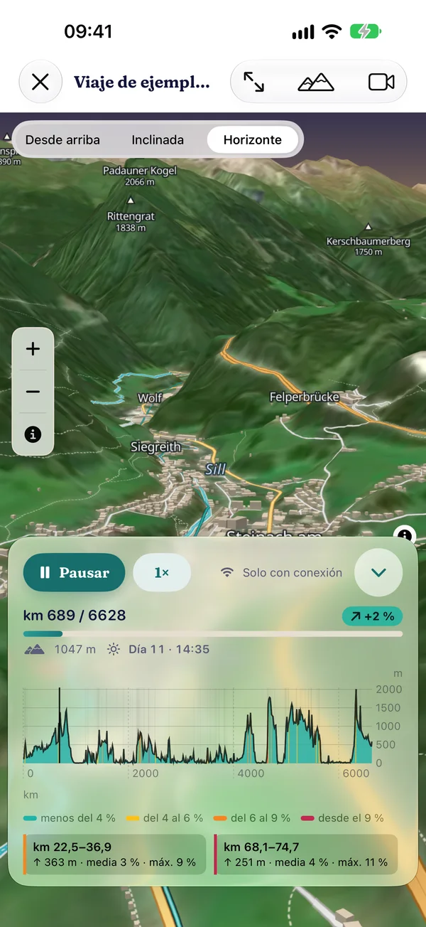Vuelo 3D sobre el viaje de ejemplo en el km 689 junto al Brennero en el mapa 3D abierto con horizonte, debajo el perfil de altitud de todo el viaje