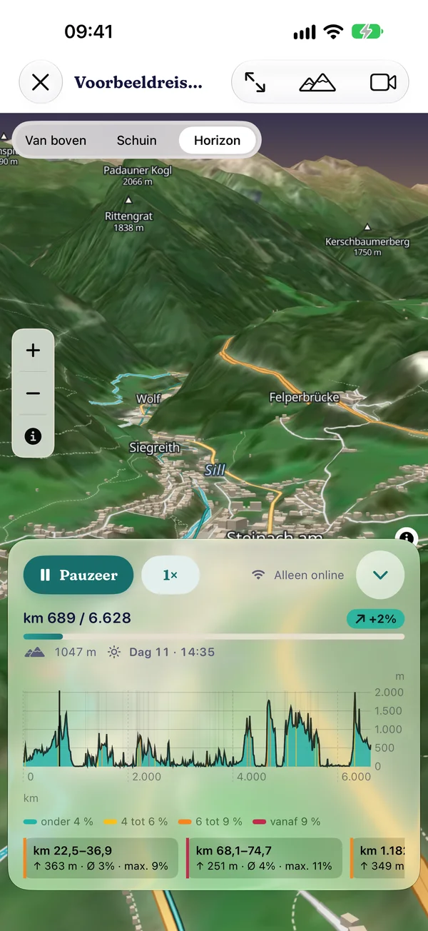 3D-vlucht over de voorbeeldreis bij km 689 bij de Brenner op de open 3D-kaart met horizon, onderaan het hoogteprofiel van de hele reis