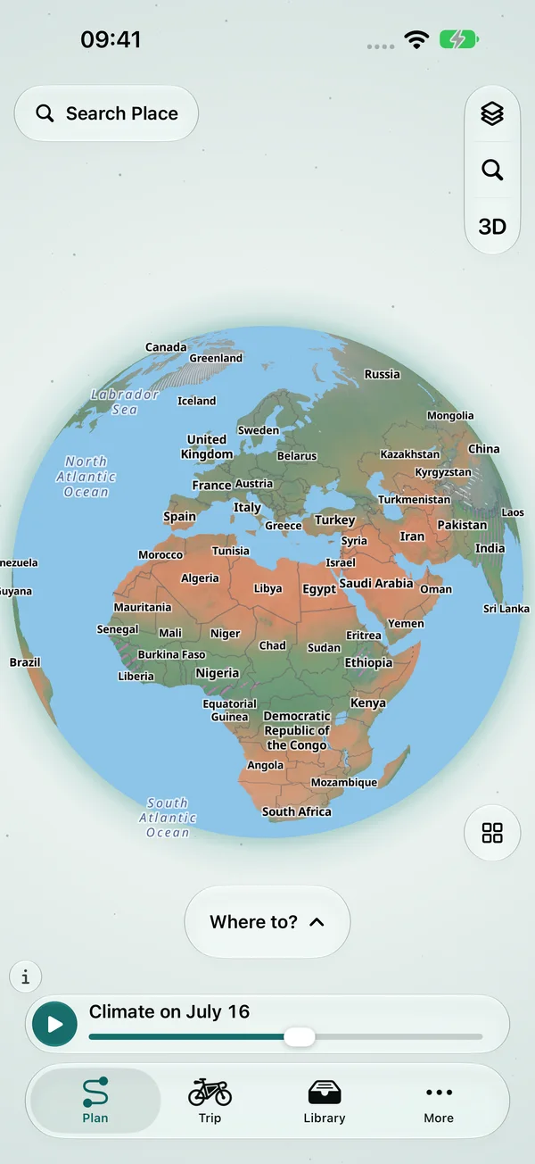 Pedalglobe su iPhone: pianificazione sul globo con il livello clima al 16 luglio, Europa e Africa colorate secondo temperatura e pioggia