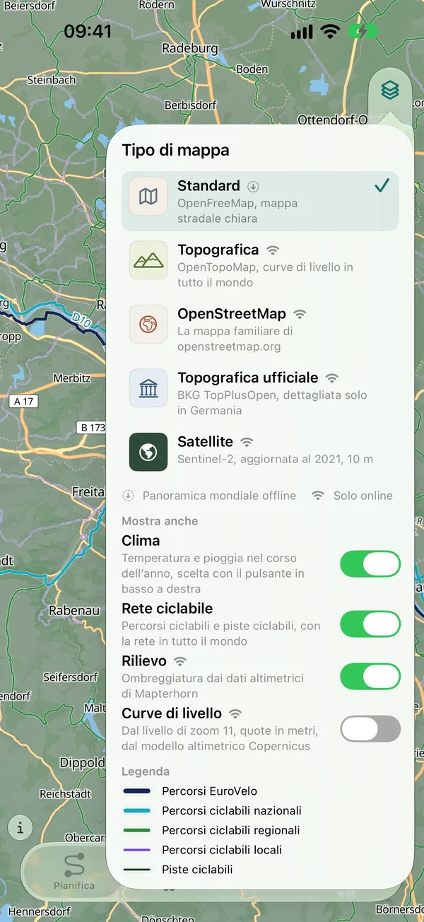 Foglio tipo di mappa con Standard, Topografica, OpenStreetMap, Topografica ufficiale, Satellite e gli interruttori clima, rete ciclabile, rilievo e curve di livello