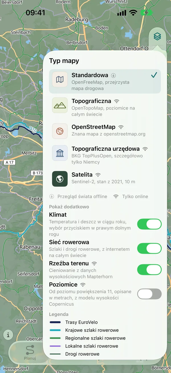 Arkusz typu mapy ze Standardowa, Topograficzna, OpenStreetMap, Topograficzna urzędowa, Satelita i przełącznikami klimatu, sieci rowerowej, rzeźby terenu i poziomic