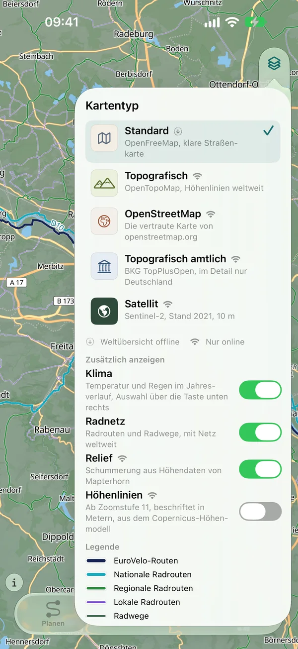 Blatt Kartentyp mit Standard, Topografisch, OpenStreetMap, Topografisch amtlich, Satellit und den Schaltern Klima, Radnetz, Relief und Höhenlinien