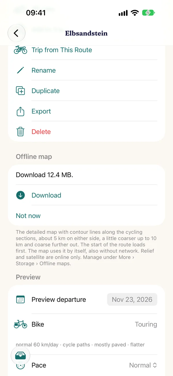 Save the offline map of a route with the size of the download