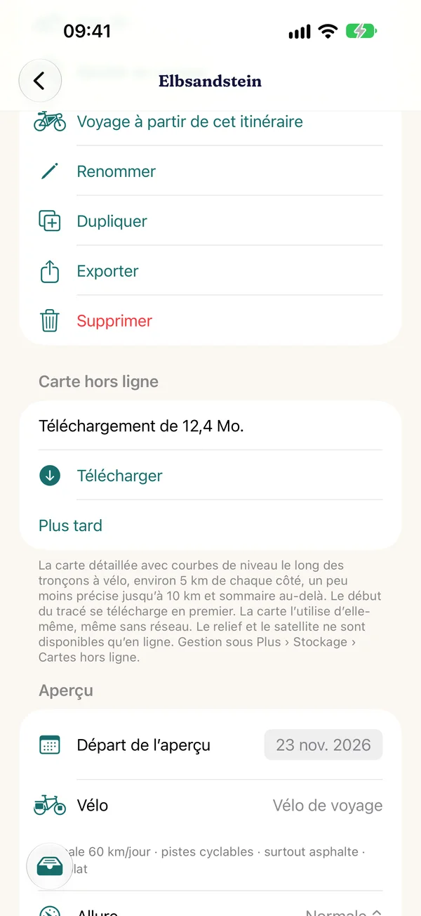 Enregistrer la carte hors ligne d’un itinéraire avec la taille du téléchargement