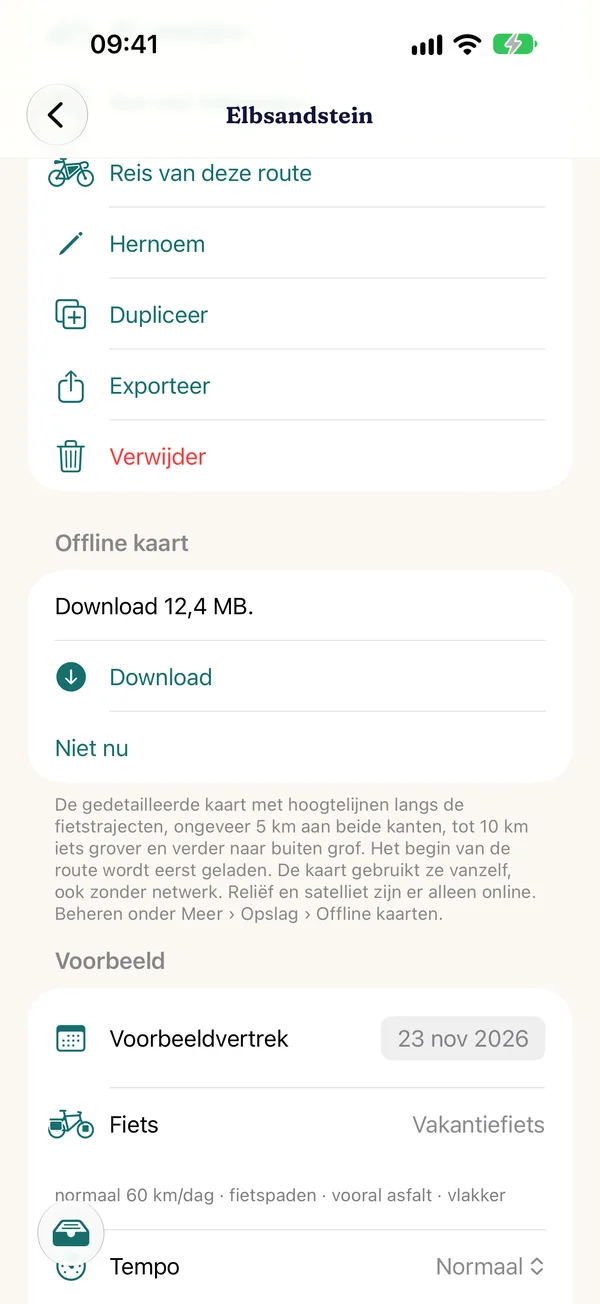 Offline kaart van een route bewaren met de grootte van de download