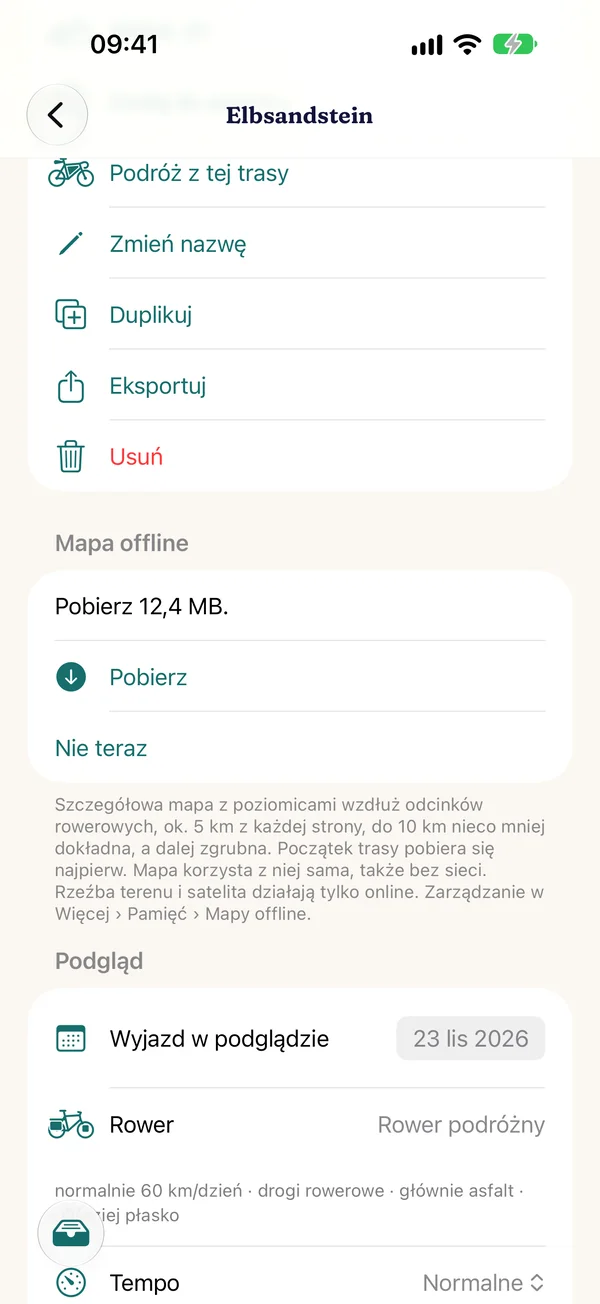Zapisywanie mapy offline trasy z rozmiarem pobierania