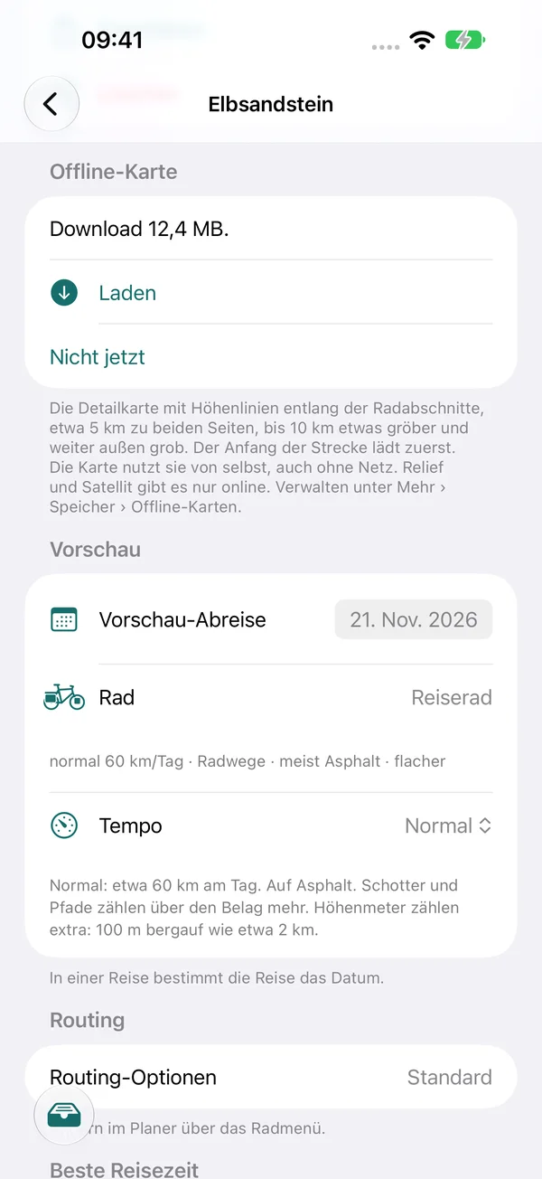 Salvataggio offline della mappa di un percorso nella Svizzera sassone (interfaccia in tedesco): download di 12,4 MB, con curve di livello lungo i tratti in bici
