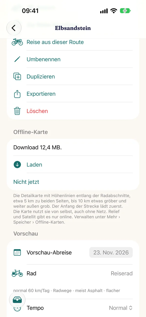Offline-Karte einer Route speichern mit Größe des Downloads