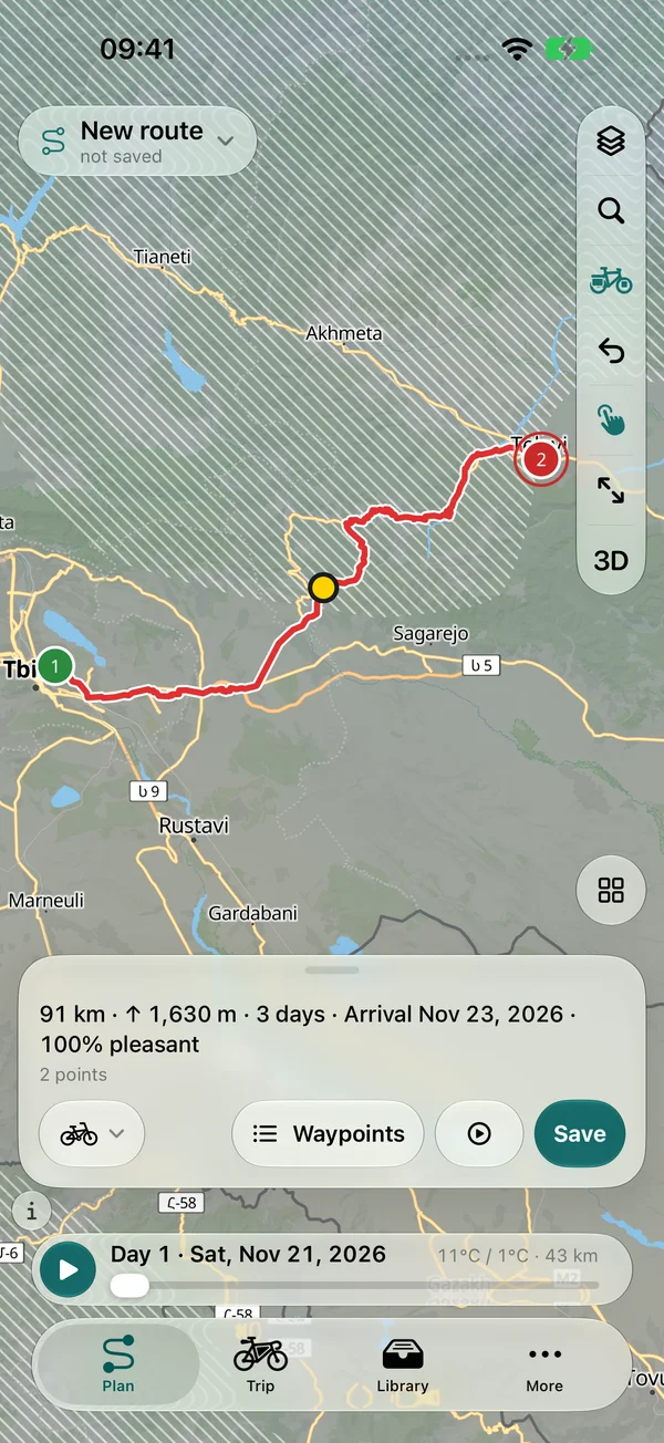 Percorso in bici da Tbilisi a Telavi in Georgia, calcolato sul dispositivo: 91 km, 1.630 m di dislivello, 3 giorni, 100% di giorni piacevoli