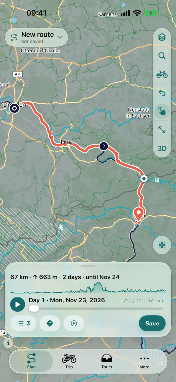 Route planner on iPhone: route Dresden – Rathen – Děčín with a via point near Hohnstein, 67 km, 663 m of climbing, 2 days, compact panel with profile line and the buttons for waypoints, navigation, 3D flight and save