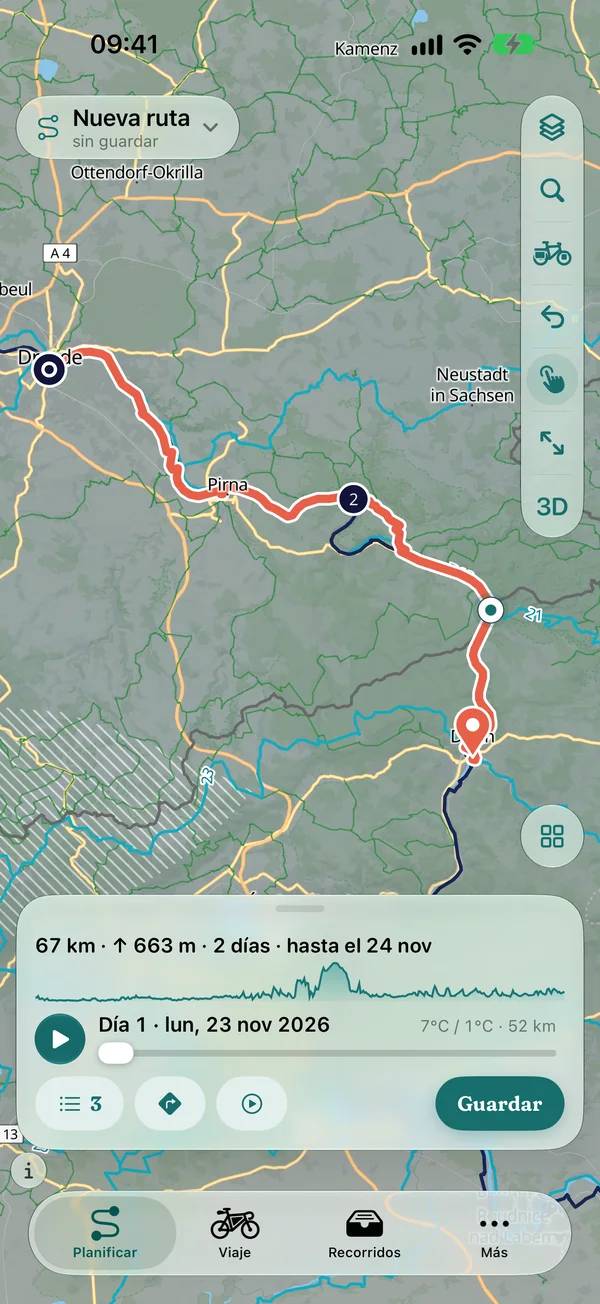 Planificador en iPhone: ruta Dresde – Rathen – Děčín con un punto intermedio cerca de Hohnstein, 67 km, 663 m de desnivel, 2 días, en el panel la línea del perfil y los botones de puntos de paso, navegación, vuelo 3D y guardar