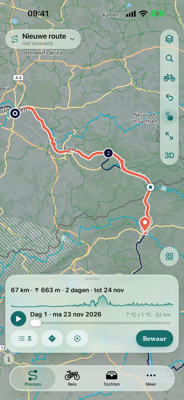 Routeplanner op iPhone: route Dresden – Rathen – Děčín met een tussenpunt bij Hohnstein, 67 km, 663 hoogtemeters, 2 dagen, in het paneel de profiellijn en de knoppen voor wegpunten, navigatie, 3D-vlucht en opslaan