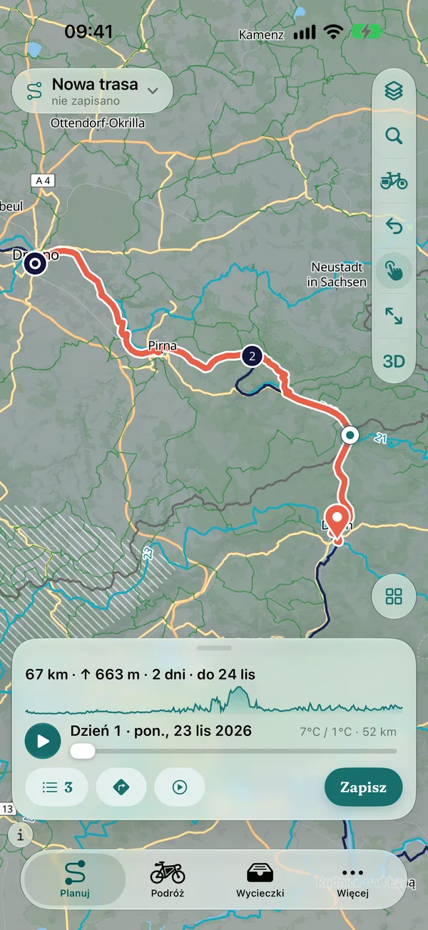 Planowanie na iPhonie: trasa Drezno – Rathen – Děčín z punktem pośrednim koło Hohnstein, 67 km, 663 m przewyższenia, 2 dni, w panelu linia profilu i przyciski punktów trasy, nawigacji, lotu 3D i zapisu