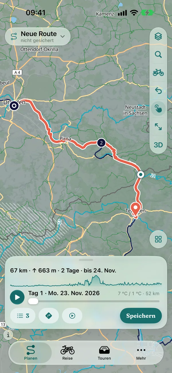Routenplaner auf dem iPhone: Route Dresden – Rathen – Děčín mit Zwischenziel nahe Hohnstein, 67 km, 663 Höhenmeter, 2 Tage, kompaktes Panel mit Profillinie und den Knöpfen für Wegpunkte, Navigation, 3D-Flug und Speichern