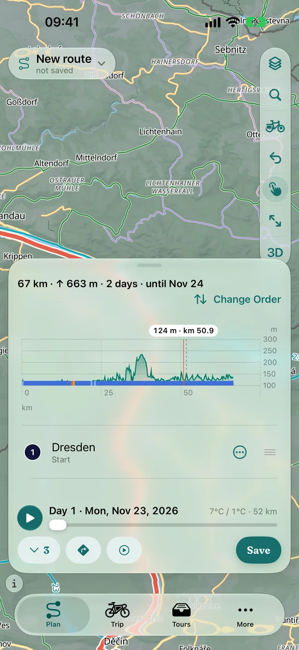 Expanded elevation profile while planning: a tapped point at km 50.9 at 124 m, day boundary and the surface band below