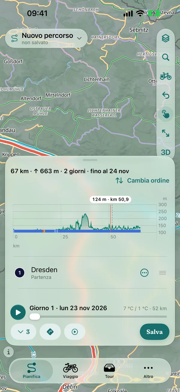 Profilo altimetrico aperto durante la pianificazione: punto toccato al km 50,9 a 124 m, limite di giornata e fascia dei fondi sotto