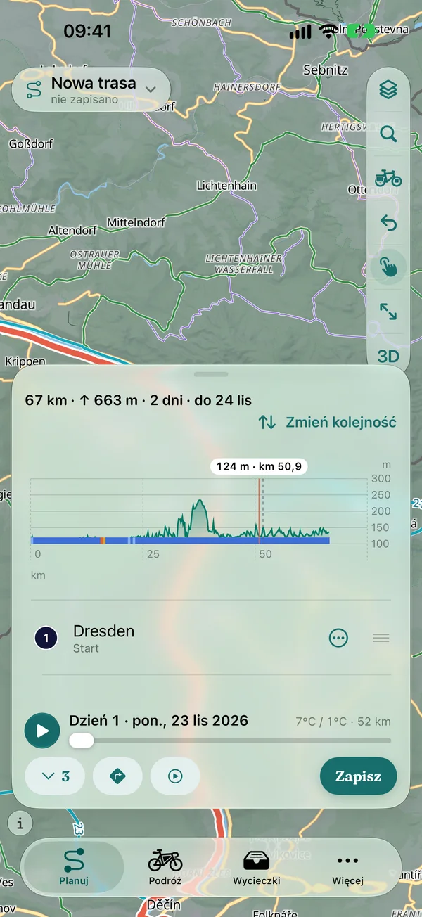 Rozwinięty profil wysokości podczas planowania: dotknięty punkt na 50,9 km na wysokości 124 m, granica dnia i pasek nawierzchni poniżej