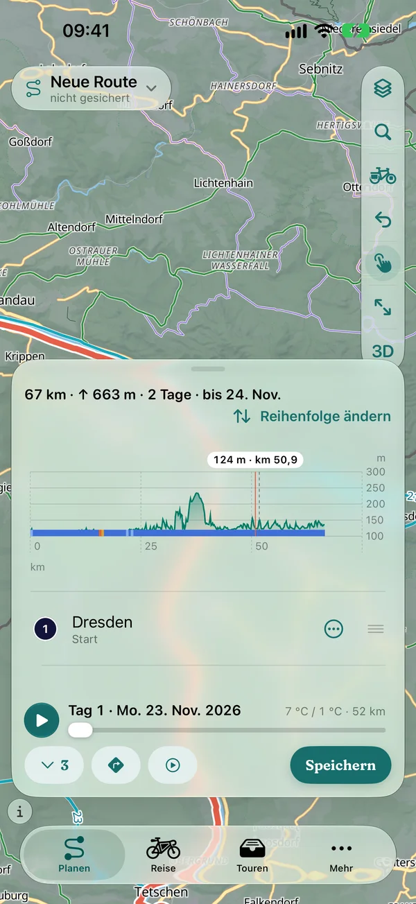 Ausgezogenes Höhenprofil beim Planen: angetippter Punkt bei km 50,9 auf 124 m, Tagesgrenze und das Belagsband darunter