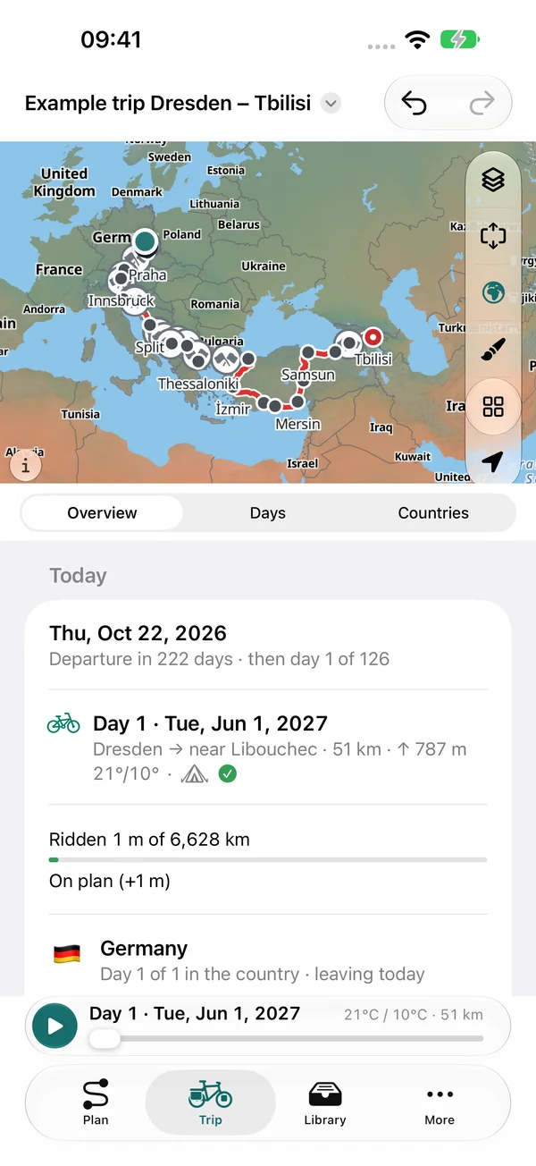 Modalità viaggio Oggi per il viaggio di esempio Dresda – Tbilisi: partenza tra 222 giorni, poi giorno 1 di 126 con 51 km e 787 m di dislivello, previsto ed effettivo