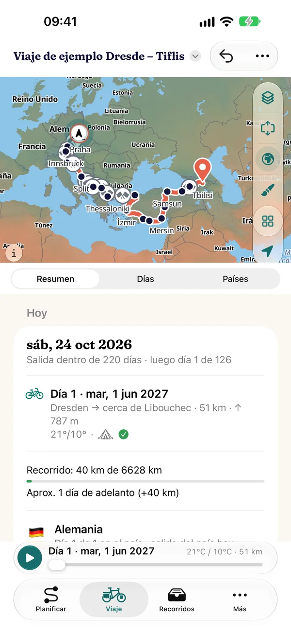 Viaje › Hoy: salida en 220 días, luego día 1 de 126 con 51 km y 787 m de desnivel, 40 km recorridos y alrededor de un día de ventaja, sello Alemania