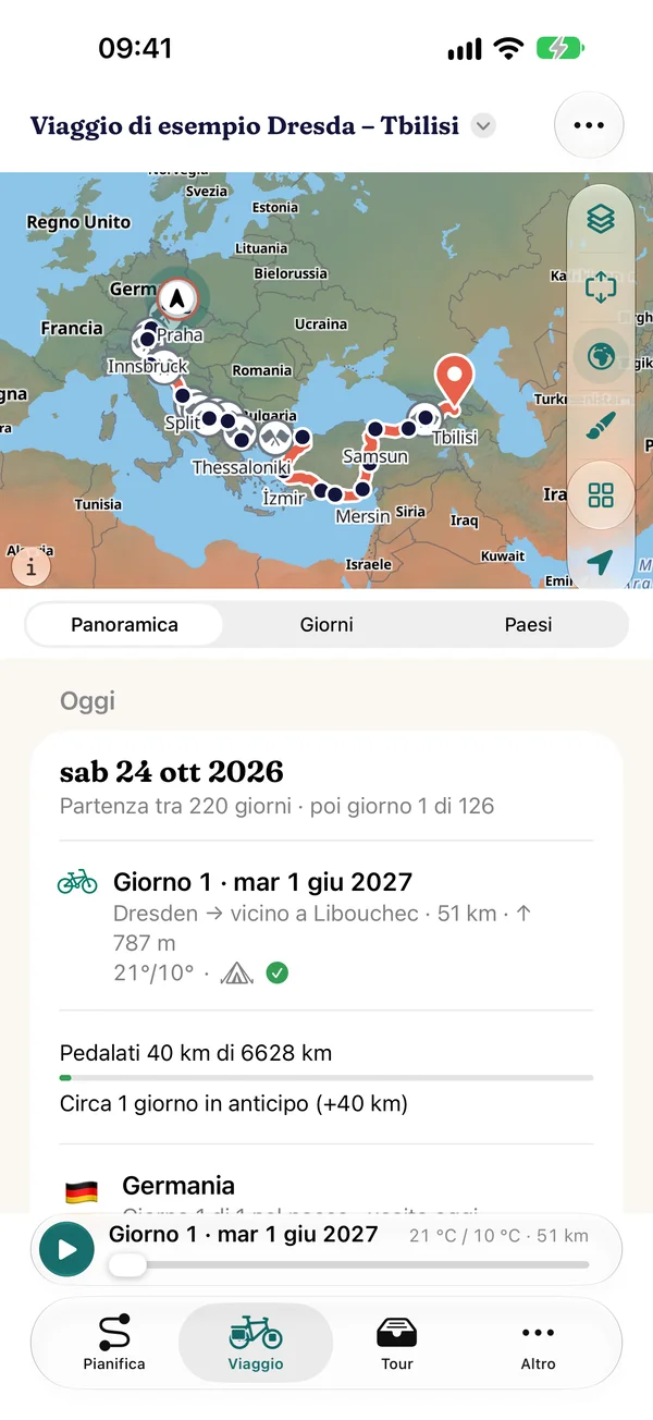 Viaggio › Oggi: partenza tra 220 giorni, poi giorno 1 di 126 con 51 km e 787 m di dislivello, 40 km percorsi e circa un giorno di anticipo, timbro Germania