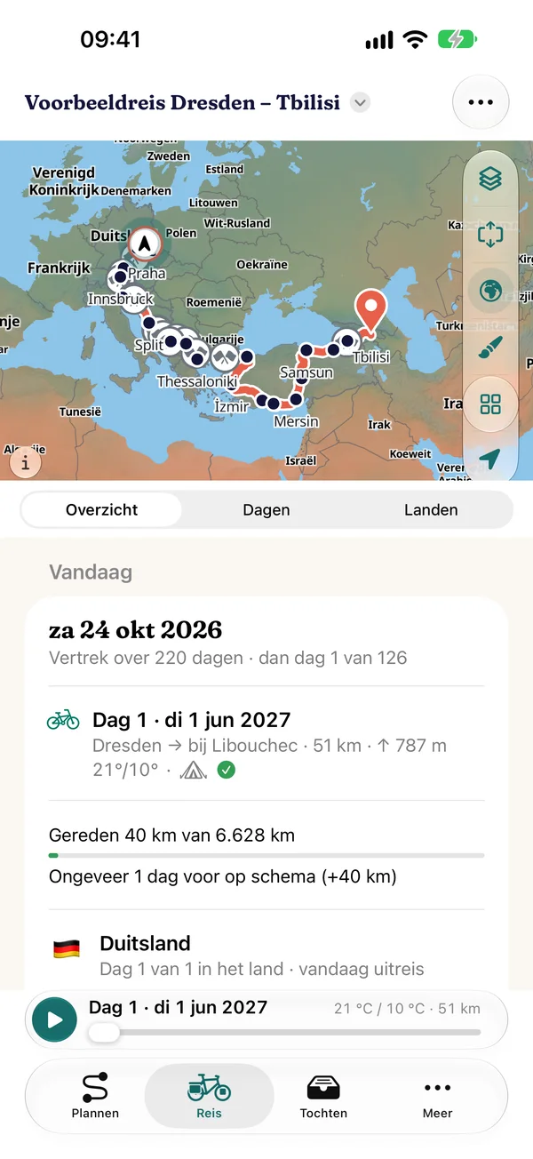 Reis › Vandaag: vertrek over 220 dagen, daarna dag 1 van 126 met 51 km en 787 hoogtemeters, 40 km gereden en ongeveer een dag voor op schema, stempel Duitsland