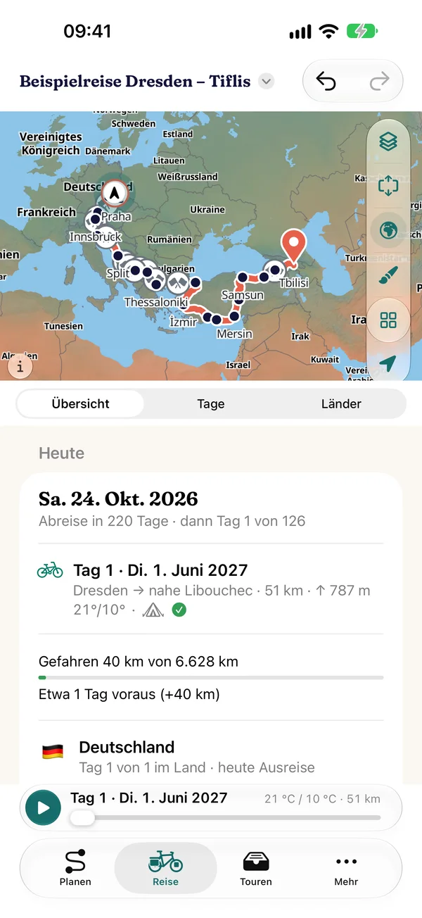 Reise › Heute: Abreise in 220 Tagen, dann Tag 1 von 126, gefahren 40 km und etwa einen Tag voraus, Stempel Deutschland