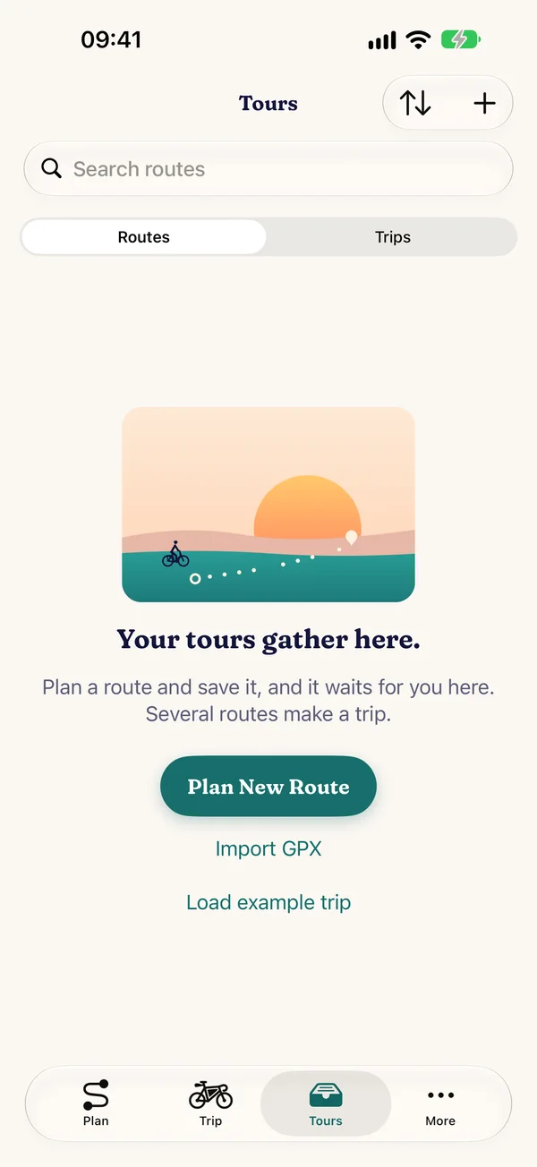 “Tours” tab without entries, with the scene “Your tours gather here.”