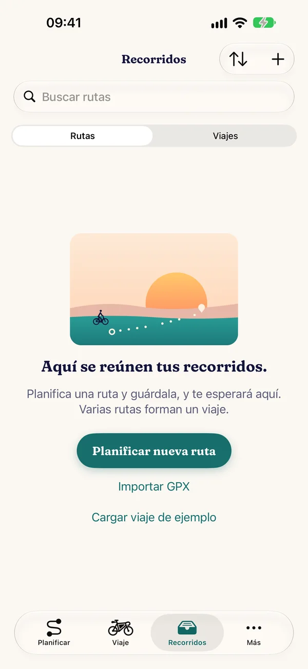 Pestaña “Recorridos” aún vacía, con la escena “Aquí se reúnen tus recorridos.”